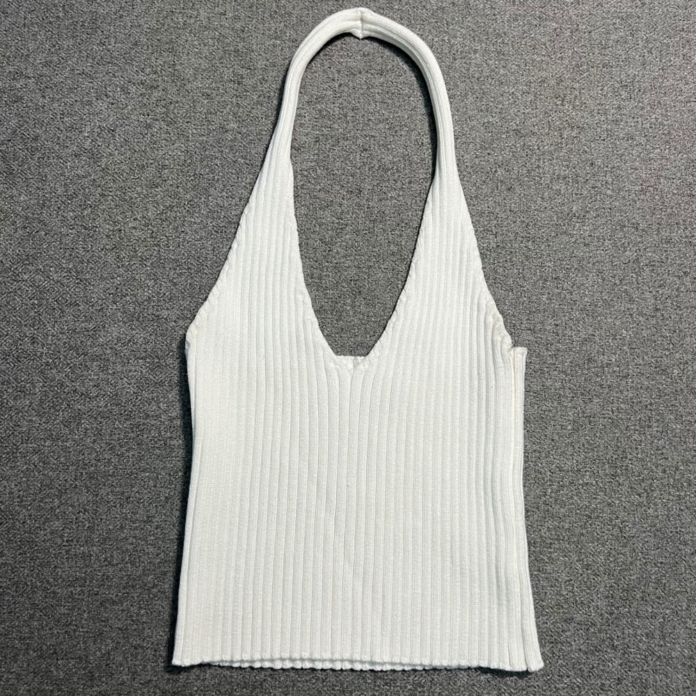 Mustard Seed Halter Top White Ribbed Knit V-Neck Sleeveless Large Women S19348